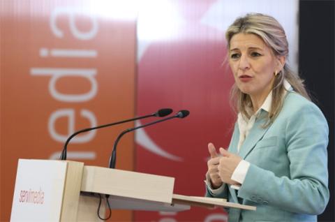 Yolanda Díaz interviniendo en la jornada sobre autónomos organizada por UPTA y Servimedia | Foto de Jorge Villa